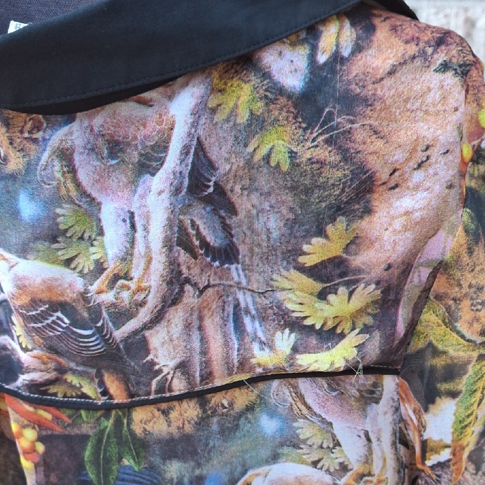 Yumi 6/8 Colorful Forest Gothica Style Print Button-Up Sheer TUNIC Shirt - Picture 10 of 12